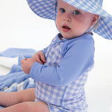 Gingham One Piece Rash Guard Swimsuit - Periwinkle Blue