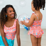 Peplum Smocked One Piece Swimsuit - Coral Floral