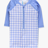 Gingham One Piece Rash Guard Swimsuit - Periwinkle Blue