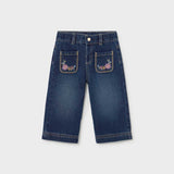 Floral Embroidered Denim Pants - Dark