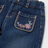 Floral Embroidered Denim Pants - Dark