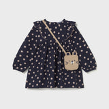 Polka Dot Print Dress + Bear Bag - Navy