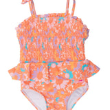 Peplum Smocked One Piece Swimsuit - Coral Floral