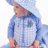 Gingham One Piece Rash Guard Swimsuit - Periwinkle Blue