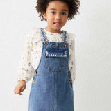 Zig Zag Embroidered Overall Dress - Light Denim